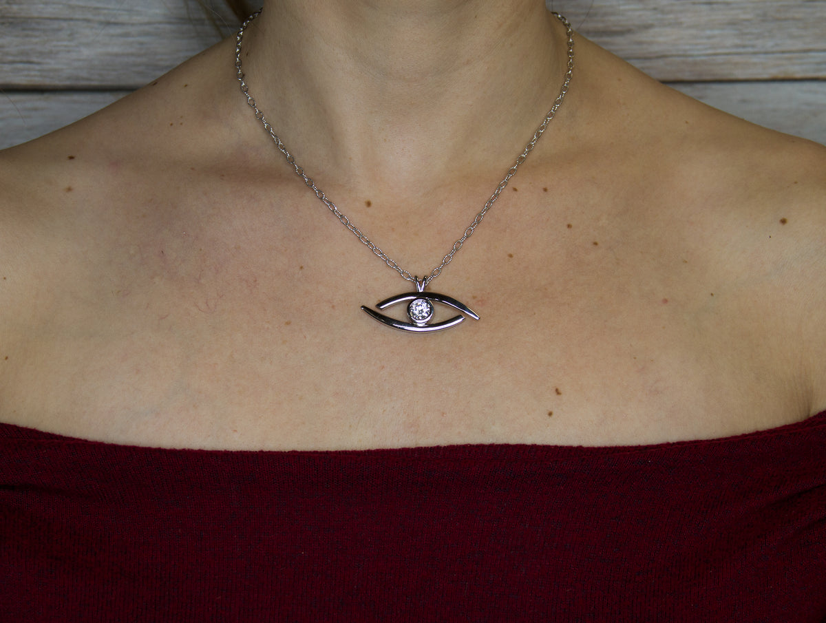 &quot;All Seeing Eye&quot; - Pure Silver Pendant Dipped In 18K White Gold - (Elect The Dead Inspired) w/Autographed Jewelry Box
